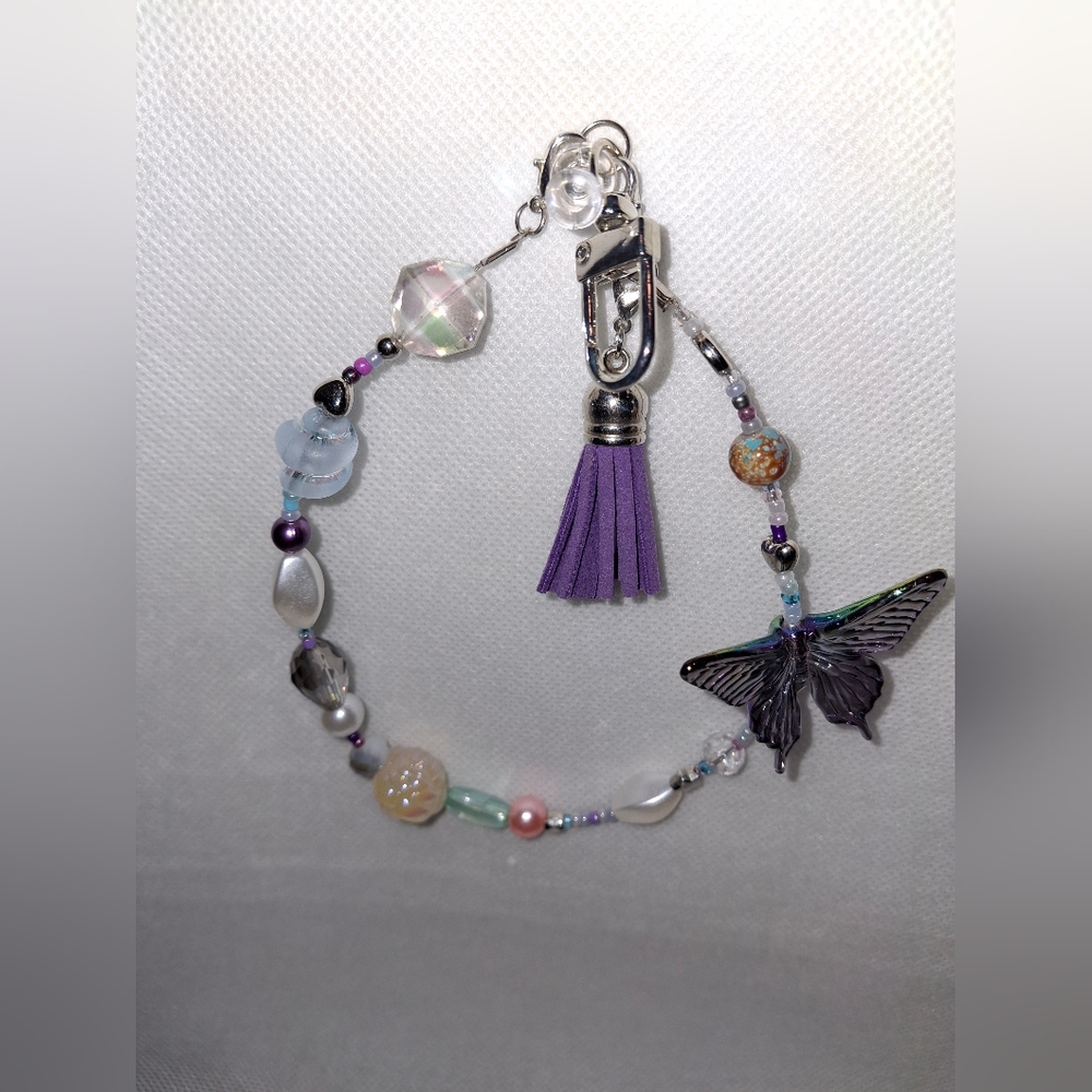 Purple Beaded Key Holder, Phone Chain Purse Charm with Butterfly.